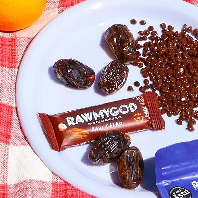 RAWMYGOD Fruit and Nut Bars, Gluten Free, Vegan, No Added Sugar (16 bars, Raw Cacao)