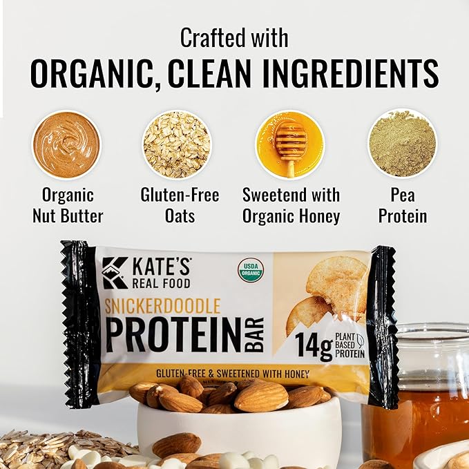 Kate’s Real Food Organic Protein Bars – (Snickerdoodle, 2.2 oz, Pack of 12) – Plant Based Protein Bars - Gluten Free, Soy Free, Non GMO, Whole Grains, and All Natural