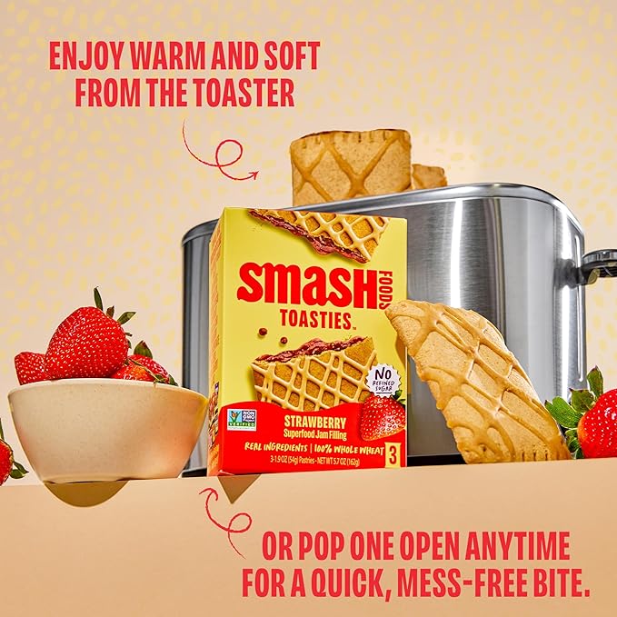 Smash Foods Toasties Variety 3 Pack – Healthy Whole Wheat Toaster Pastries Strawberry, Blueberry, Grape – No Refined Sugar, Real Fruit Filling – 9 Pastries Total – Non-GMO, Simple Real Ingredients (Strawberry)