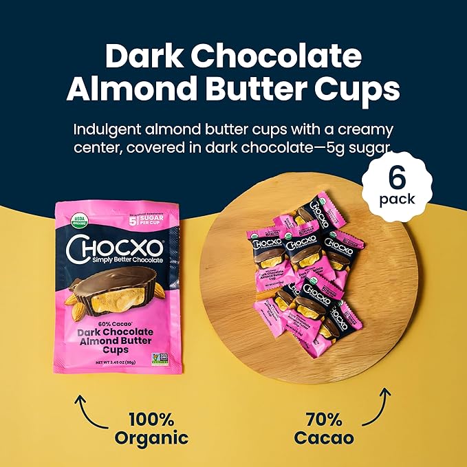 Chocxo Dark Chocolate Almond Butter Cups - Lower Sugar, Organic, NonGMO, Keto, Gluten Free, Kosher. 60% Cacao, No Artificial Sweeteners/Sugar Alcohols, 3.45 oz (Pack of 6)