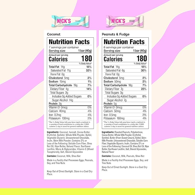 NICKS Keto Chocolate Candy Bars – Variety Pack, Coconut and Peanuts and Fudge, No Added Sugar, Low Carb, 180 Calories, Gluten-Free Sweets – 15-Pack (40g Each)