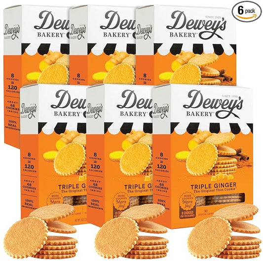 Dewey’s Bakery Triple Ginger Moravian Style Cookie Thins, Bakery Fresh with Real Simple Ingredients, Low Calorie Snack, No Artificial Flavors, Synthetic Colors or Preservatives, 9oz (Pack of 6)