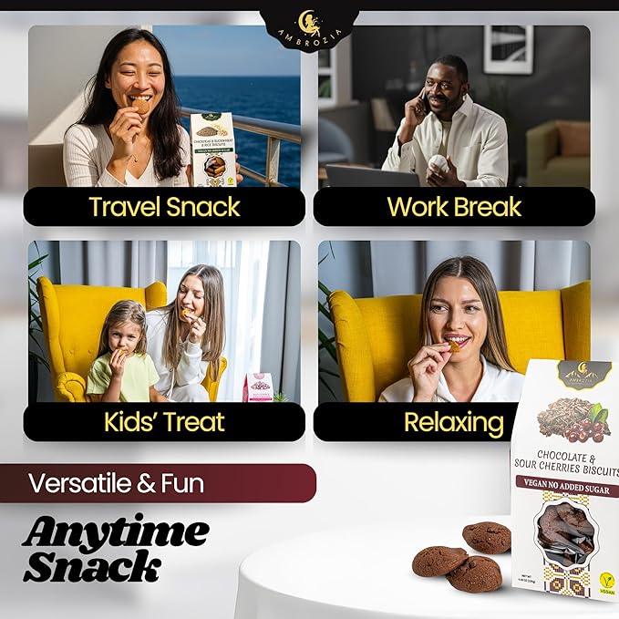 Ambrozia Vegan Snack Biscuits – Chocolate & Sour Cherry - Soft Baked, No Added Sugar, Clean Label, High Fiber & Wholesome Ingredients, Kid-Friendly, Healthy Snacks for Active Lifestyles, 4.58 Oz