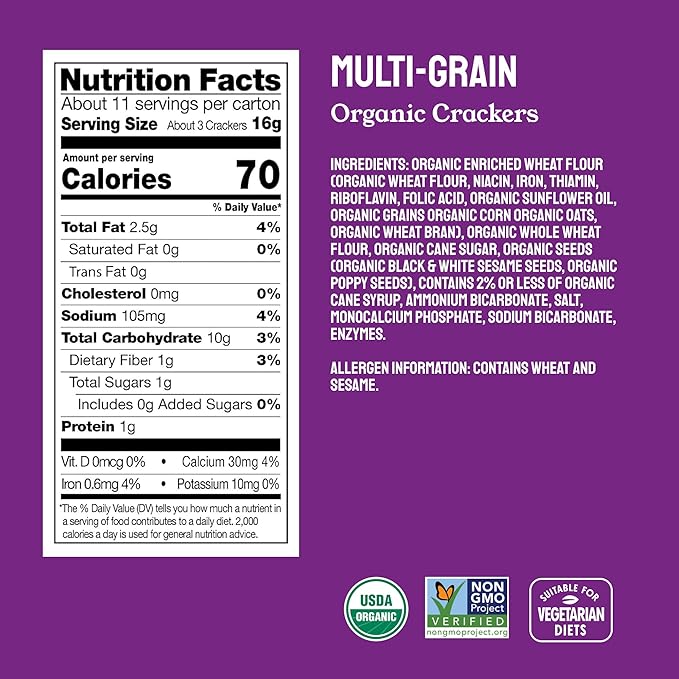 Milton's Organic Crackers, Multi-Grain - Certified Organic, Non-GMO Project Verified, Kosher, Made With 4 Whole Grains & 3 Seeds, Great for Charcuterie Boards - 24 Oz, Pack of 6