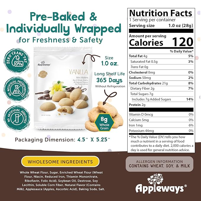 Mini Vanilla Wafers Cookies 20 Count (1 oz Each) - Individually Wrapped Kids Snacks, Whole Grain & Nut-Free Adult Snack Packs, Smart Snack Approved, Bulk Snacks for Schools, Grab & Go by Appleways