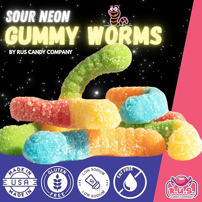 Sour Neon Gummy Worms – 8 oz Bag | R.U.S. Candy Company | Tangy, Fruity, Chewy Candy | Bright & Fun Party Treats, Snack Bags, Movie Night, Birthday & Holiday Candy (Half Pound)