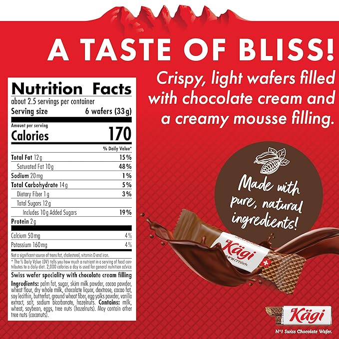 Swiss Milk Chocolate Mousse Filled Wafers by Kägi, Individually Wrapped Snacks, Chocolate Gift, Kägi Crisp'n Cream, Choco Cream, 2-Pack, 88g Bags