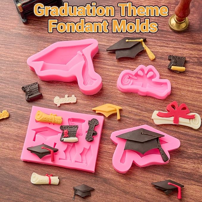 CLUEWR 4 PCS Graduation Chocolate Fondant Molds, Silicone Graduation Cap Diploma Candy Molds for Cake, Cupcake Decorations, Graduation Party Supplies