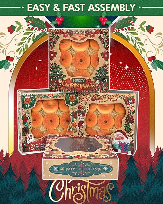 qiqee Christmas Kraft Cookie Boxes with Window 12packs 8x8x2.5 Inch Bakery Box Pastry Box for Christmas