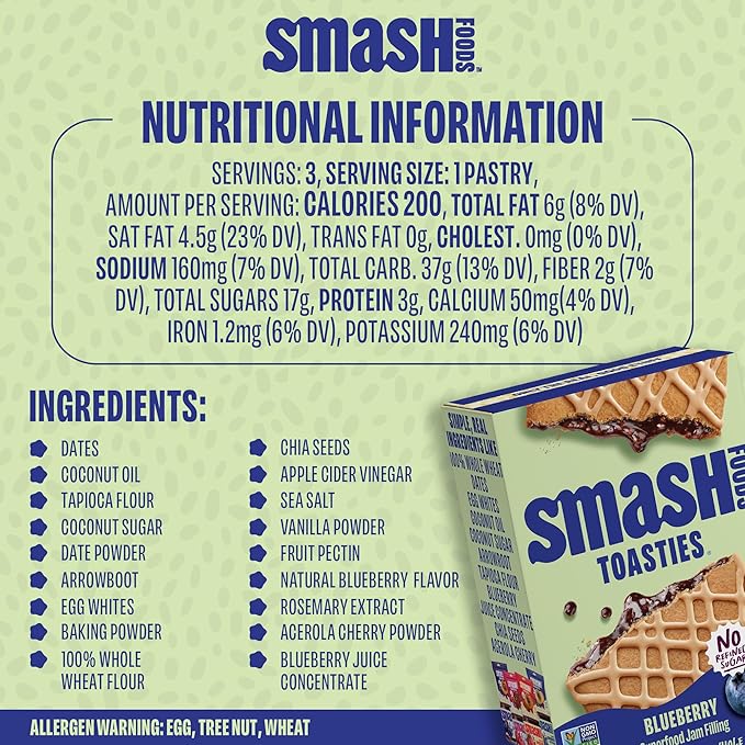 Smash Foods Toasties Variety 3 Pack – Healthy Whole Wheat Toaster Pastries Strawberry, Blueberry, Grape – No Refined Sugar, Real Fruit Filling – 9 Pastries Total – Non-GMO, Simple Real Ingredients (Blueberry)