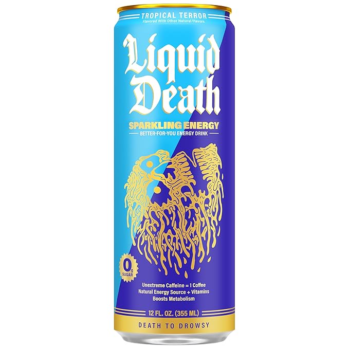 Liquid Death Sparkling Energy - Tropical Terror (Classic Piña Colada), Zero Sugar Energy Drink, Unextreme Caffeine 100mg, Essential Vitamins, 12 Fl Oz (Pack of 12)