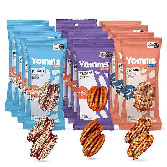 Yomms Gourmet Glazed Whole Pecan Halves Variety Pack, 15.6 oz (12 Pack), Gluten-Free & Non-GMO Healthy Dessert Snacks – Low Sugar Candied Nut Pouches – Coco Twist, Nutty Chia, Crunchy Joy – 1.3oz Individual Bags