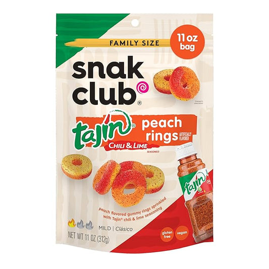 Snak Club Peach Rings, Tajin Chili & Lime Seasoned, Sweet and Spicy Gummy Candy, Mild in Heat Bold in Flavor, Low-Fat, Vegan, Gluten-Free Snack, Family Size, 11 Ounce