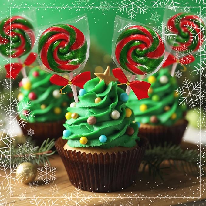 32 Pack Red-and-Green Twisty & Swirl Lollipops with Red Ribbon Bow, Lollipops Swirl Candy Individually Wrapped Bulk, Candy Lollipop Suckers for Christmas Stocking Stuffer & Candy Gifts