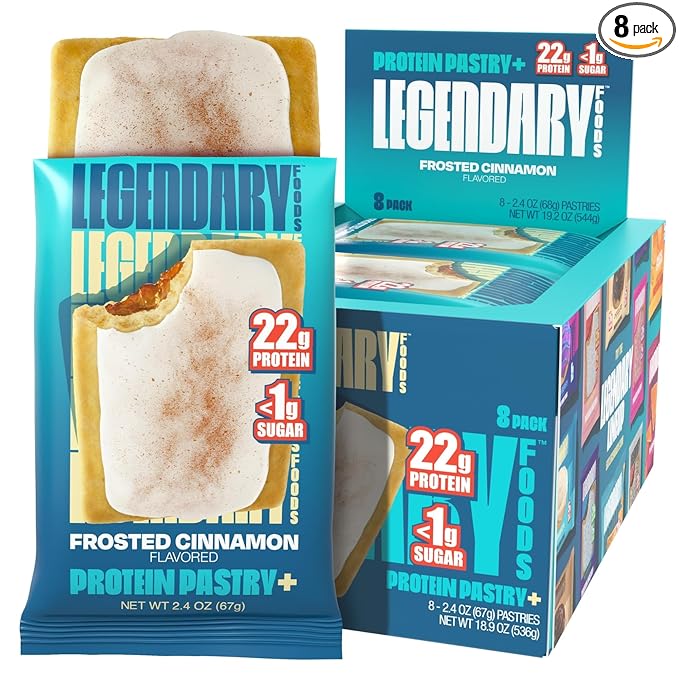 Legendary Foods 22g Protein Pastry 0g Added Sugar, Low Carb, Gluten Conscious, Keto Snack, Ideal for Glucose Management, Includes Whey Protein Isolate, 8 Pack Frosted Cinnamon