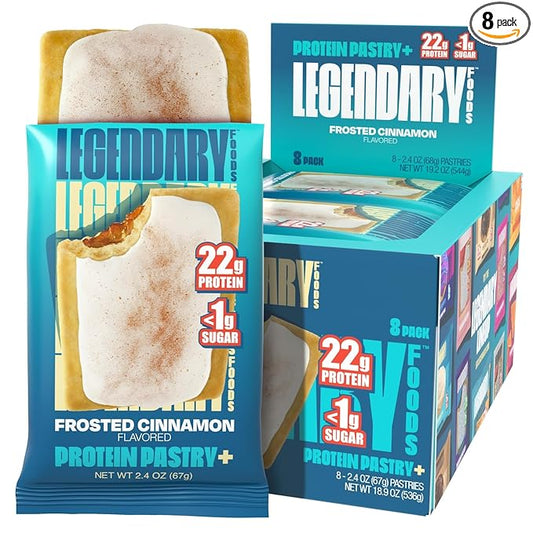 Legendary Foods 22g Protein Pastry 0g Added Sugar, Low Carb, Gluten Conscious, Keto Snack, Ideal for Glucose Management, Includes Whey Protein Isolate, 8 Pack Frosted Cinnamon