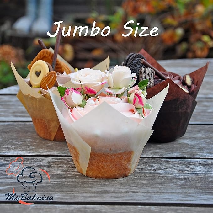 MyBakning (JUMBO EXTRA LARGE size) Natural+Brown+White Tulip Baking Cups 2-1/4"(Base diameter) x 3-3/4"(Wall height) Greaseproof paper baking cupcake Muffin liners, Case of 130 pcs