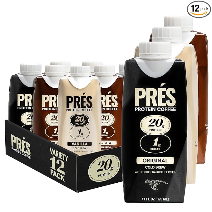 Prés - Protein Coffee - High Protein - Real Cold Brew - 20g Protein - 1g Sugar - 100 Calories - No Added Sugar - Coffee - Protein - 11 FL OZ - 12 Pack (Variety - Original, Mocha, Vanilla)
