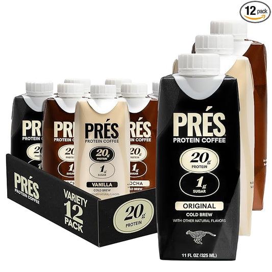 Prés - Protein Coffee - High Protein - Real Cold Brew - 20g Protein - 1g Sugar - 100 Calories - No Added Sugar - Coffee - Protein - 11 FL OZ - 12 Pack (Variety - Original, Mocha, Vanilla)