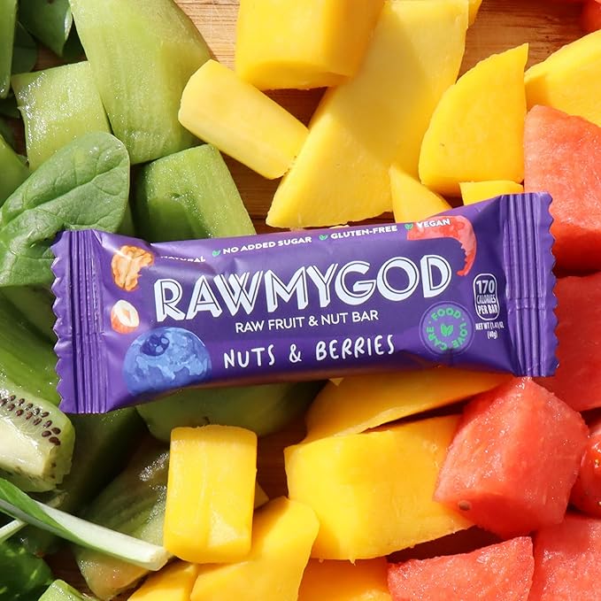 RAWMYGOD Fruit and Nut Bars, Gluten Free, Vegan, No Added Sugar (16 bars, Nuts & Berries)