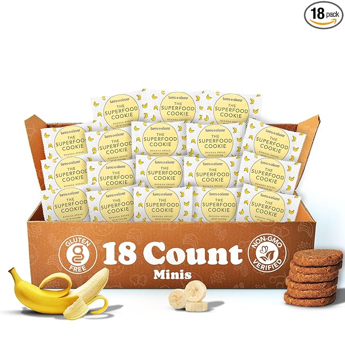Love + Chew Superfood Soft Baked MINI Cookies, Banana Bread Flavor, Plant Based Cookie Made With Almonds, Chia Seeds, & Bananas for Kids and Adults, Vegan Snacks, Gluten Free, Paleo, Non GMO, 18 Pack