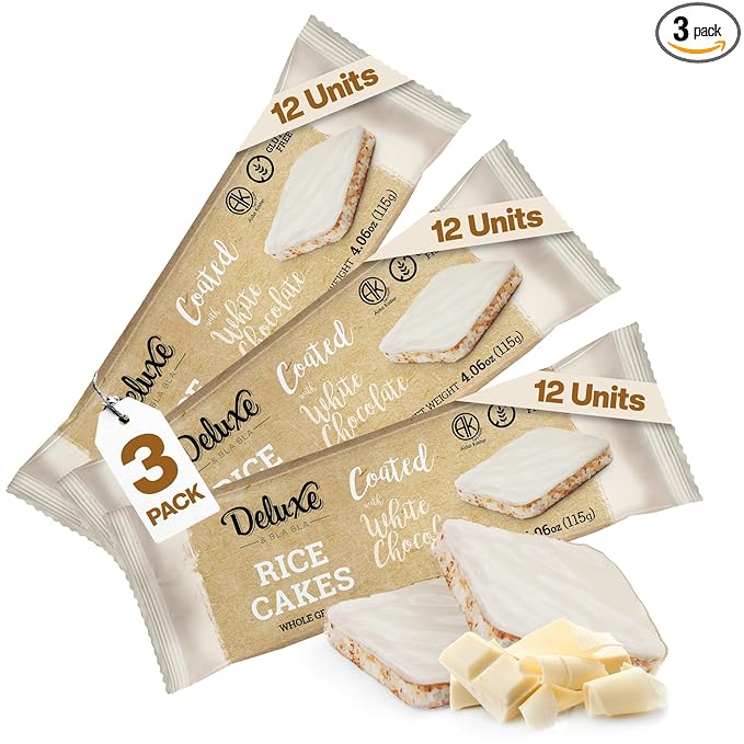 Deluxe & Bla Bla Thin and Crispy Strawberry Yogurt Chocolate Rice Cakes, Kosher Certified Dairy, Gluten Free, Nuts Free Snack Pack Of 3 (Pack of 3, White Chocolate)