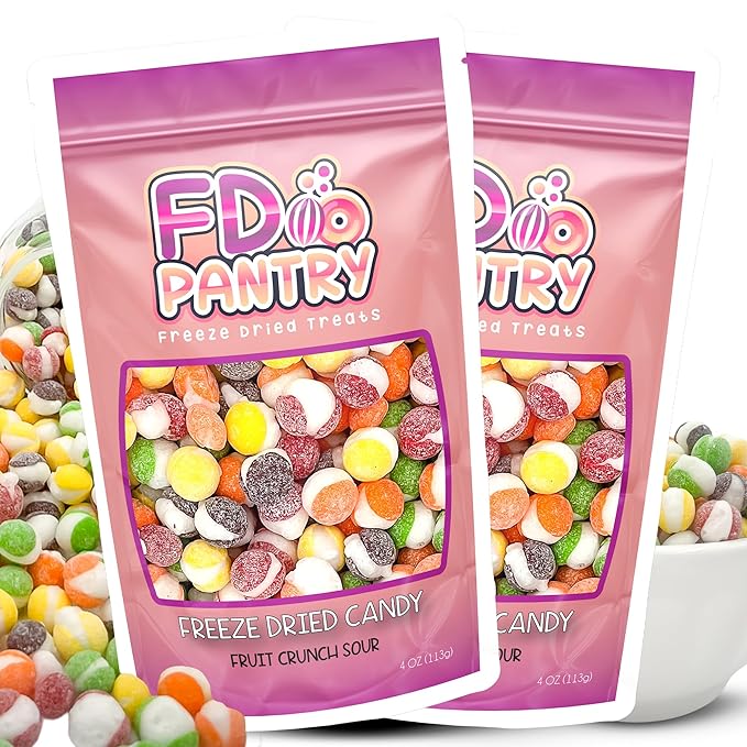 Freeze Dried Candy, Fruit Crunch Sour, 4 oz, 2 Pack, Assorted Strawberry, Orange, Lemon, Grape, Lime Flavors, Bag Pouch, Ideal Gift Snack