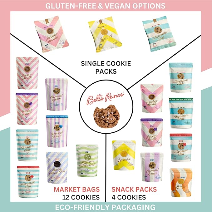 Bell's Reines Chocolate Chip Cookies With Sea Salt, Soft Gourmet Small Batch, Healthy Snacks, Bakery Fresh 4 Cookie Snack Packs, 3-Pack