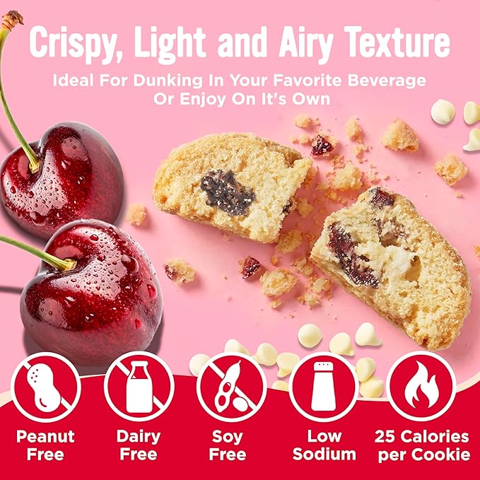 COOPER STREET Twice Baked Cherry White Chip Biscotti Cookies - Crispy Mini Biscotti Cookies Ideal with Coffee - Traditional Low Calorie Italian Snacks - Kosher, Dairy, Peanut & Soy Free (6 Pack)