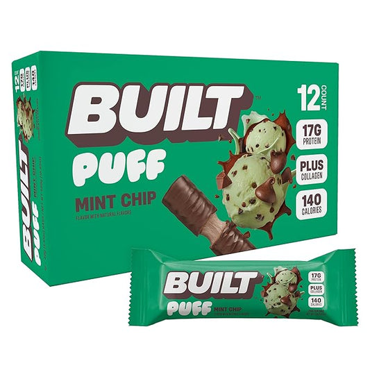 Built Bar, Puff Protein Bars, Mint Chip Puff, 17g Protein Snacks, On-The-Go Bars, Only 140 Calories, 7g Sugar, Collagen, Gluten Free, 12 Count