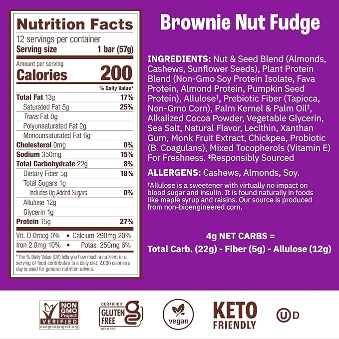 Munk Pack Brownie Nut Fudge Keto Protein Bars | 15g Protein, 1g Sugar, 4g Net Carbs | Vegan, Plant-Based Snacks for Gut Health | 12 Count