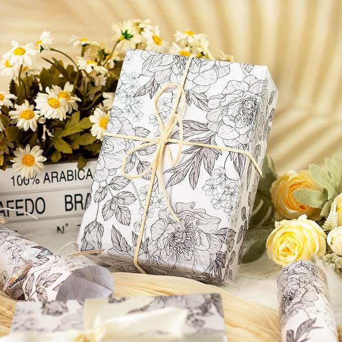 Homeral Shimmer Floral Gift Wrapping Paper Roll - Jumbo Roll - Black and White Pearly Luster Vintage Floral for Wedding, Birthday, Baby Shower, Anniversaries, Party - 30 In x 33 Ft