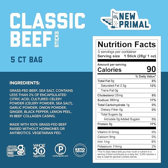 The New Primal Grass Fed Beef Sticks, Keto, Gluten Free Healthy Snacks for Adults, Sugar Free Low Carb High Protein Snack, Paleo Whole30 Jerky Meat Stick, 8g Protein, 90 Calories, 5 Pack