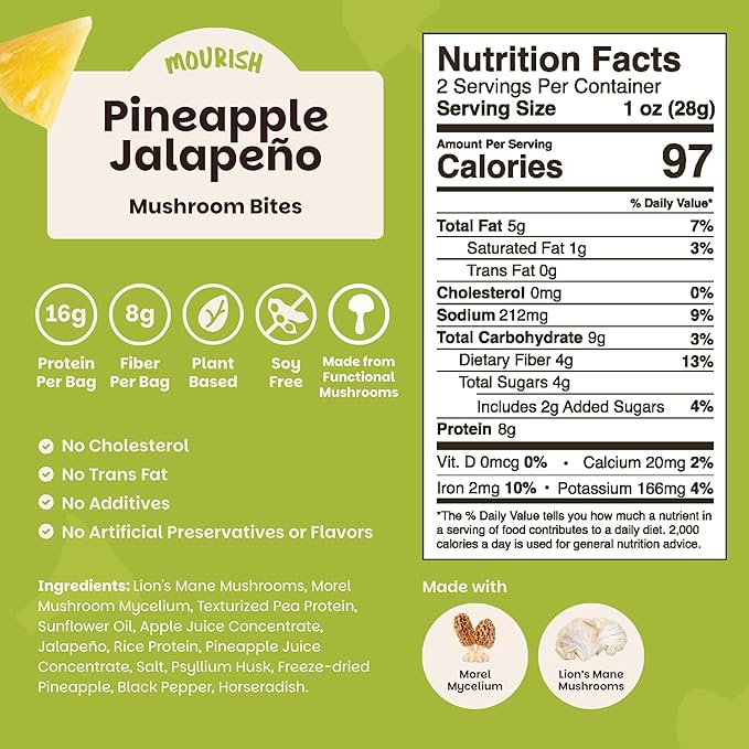Mourish Vegan Mushroom Bites, Pineapple Jalapeno, 3 Pack (2 oz), Good Source of Protein and Fiber, Plant Based Meat Jerky, Spicy Flavor, Meatless Healthy Snacks for Hiking, Work, Travel & School