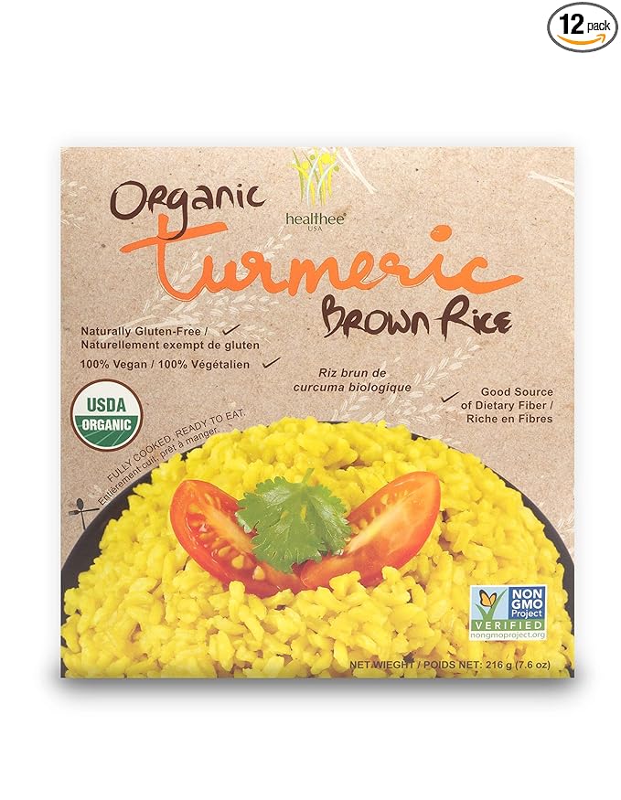 Healthee Organic Brown Rice, Gluten Free, Fully Cooked and Ready-to-Eat, USDA Certified Organic, GMO-Free, Microwaveable (Turmeric, Pack of 12)