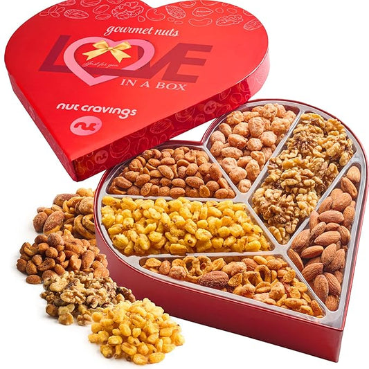 NUT CRAVINGS - Valentines Day Mixed Nuts Heart Shaped Gift Basket, Love in A Box (6 Assortments, 2 LB) Romantic Food Arrangement, Healthy Snack Care Package, Food Assortments