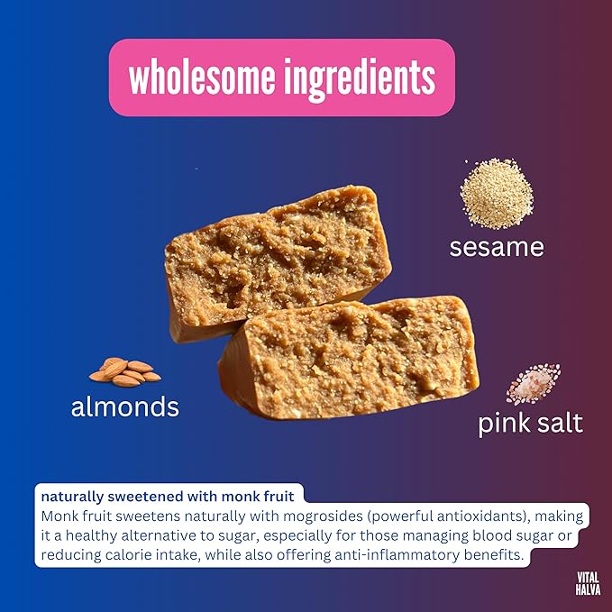 Vital Halva Vegan Protein Fiber Bar, Pink Salt, Gluten Free, Dairy Free, Soy Free, Low Sugar, No Added Sugar, 12G Protein, 19G Fiber, 6G Carb, Snack Bar, 10ct