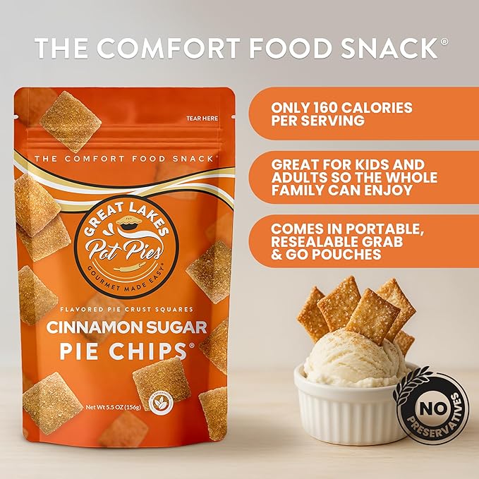 Great Lakes Pot Pies - Cinnamon Sugar Pie Chips - Crunchy Cookie Crisp - Buttery Cinnamon Snacks for Adults & Kids - Cinnamon Crackers - 1 Pack