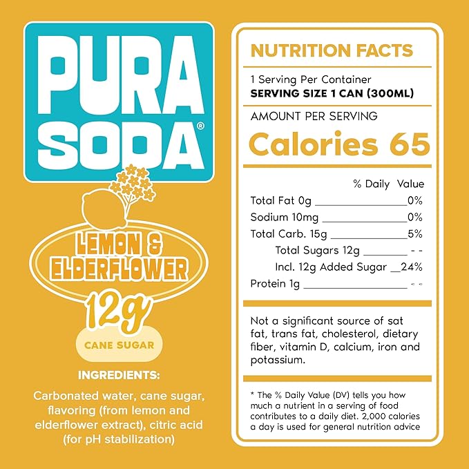 PuraSoda® Lemon & Elderflower | Low-Calorie, Cane Sugar Soda Beverage | Non-GMO, Vegan | Made with Pure Cane Sugar, Clean & Refreshing | 10.1 fl oz (300ml) Cans, Pack of 24