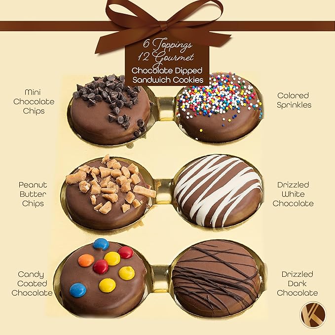 KREMERY Creamy Chocolate Cravings - Valentines Day Chocolate Covered Sandwich Cookies & Cream Gift Basket, in Sectional Gift Box (12 Cookies, Assorted Sweet Toppings) Sweet Treats, Kosher