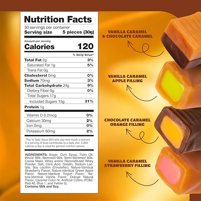 Caramel Cubes Candy Mix - 2 Pound Pack 150 Count - Filled Creamy Caramels Individually Wrapped - Vanilla, Chocolate, Apple, Strawberry - Assorted Chews