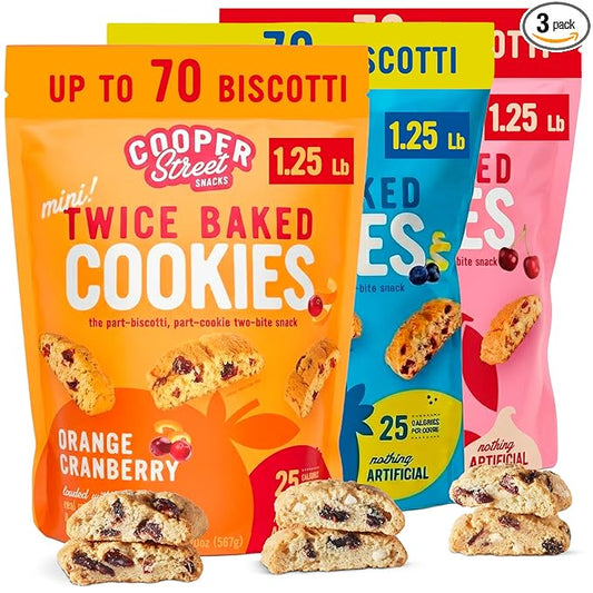 Cooper Street Cookies Twice Baked Italian Biscotti Cookies - Lemon Blueberry, Orange Cranberry and Cherry White Chunk | Crispy, Light and Healthy Cookies | Peanut & Dairy Free | 20oz | 3 Pack