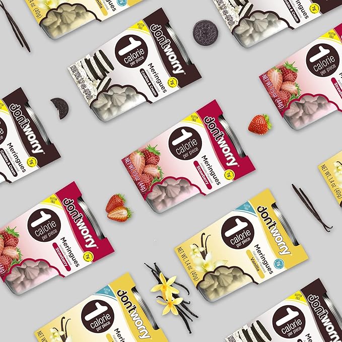 Don't Worry Low Calorie Meringue Cookies - 6 Pack - Cookies & Cream, Just 1 Calorie per Piece | Low Sugar Candy, Gluten Free, Protein Snacks | Keto Friendly and Healthy Snacks for Adults