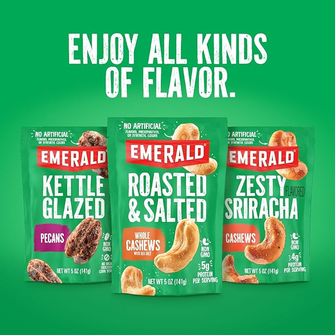 Emerald Nuts Roasted and Salted Whole Cashews (1-Pack), 5oz Resealable Bag, Plant-Based Protein, Kosher Certified, Non-GMO, Contains No Artificial Preservatives, Flavors or Synthetic Colors