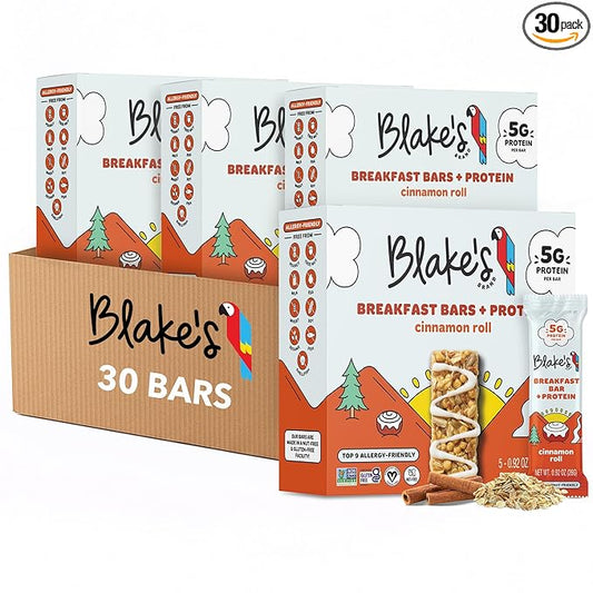 Blake's Breakfast Bars with Protein — Cinnamon Roll (30 Count), 5g Clean Plant-Based Protein, Gluten Free, Nut Free, Dairy Free & Vegan, Healthy Snacks for Kids or Adults, School Safe