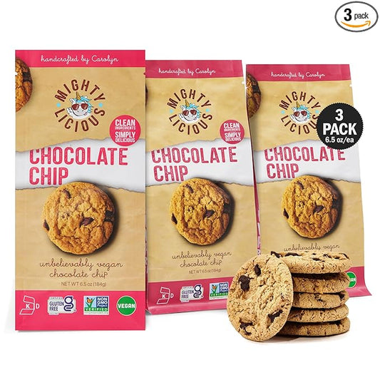 MIGHTYLICIOUS Vegan Chocolate Chip Cookies – Gluten-Free, Dairy-Free, Allergen Friendly, Egg-Free, Non-GMO, Kosher, Preservative-Free – Snack Option for a Guilt-Free Treat - 6.5 Oz (3 Pack)