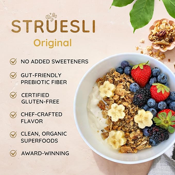 Struesli Original Organic Granola, Grain & Gluten Free, Healthy Snacks with Chia Seeds, Nuts & Sea Salt, Prebiotic High Fiber Food for Yogurt, Cereal & More, Plant Based, Keto & Paleo, 9 Oz, 2 Pack
