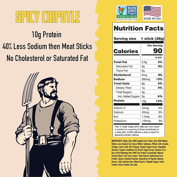 AGRO POWER Vegan Jerky Sticks, Spicy Chipotle Plant-Based, 7 Stick Bag with 10g Protein, Non-GMO, 40% Less Sodium, Zero Cholesterol, Meat Alternative, High Protein Snack for Lunch, On-the-Go Fuel