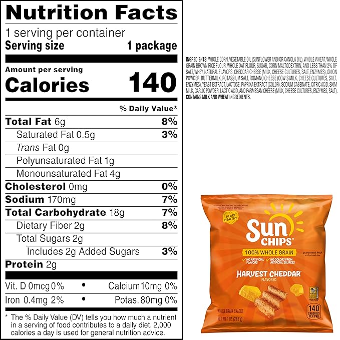 SunChips Harvest Cheddar Flavored Multigrain Snacks, 1 Ounce (Pack of 104)