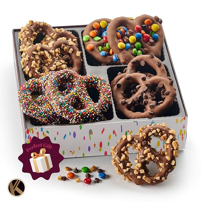 KREMERY Creamy Chocolate Cravings - Valentines Day Chocolate Covered Pretzel Twists Gift Basket, in Confetti Gift Box (12 Pretzels, Assorted Sweet Toppings) Sweet Treats Food Arrangement, Kosher
